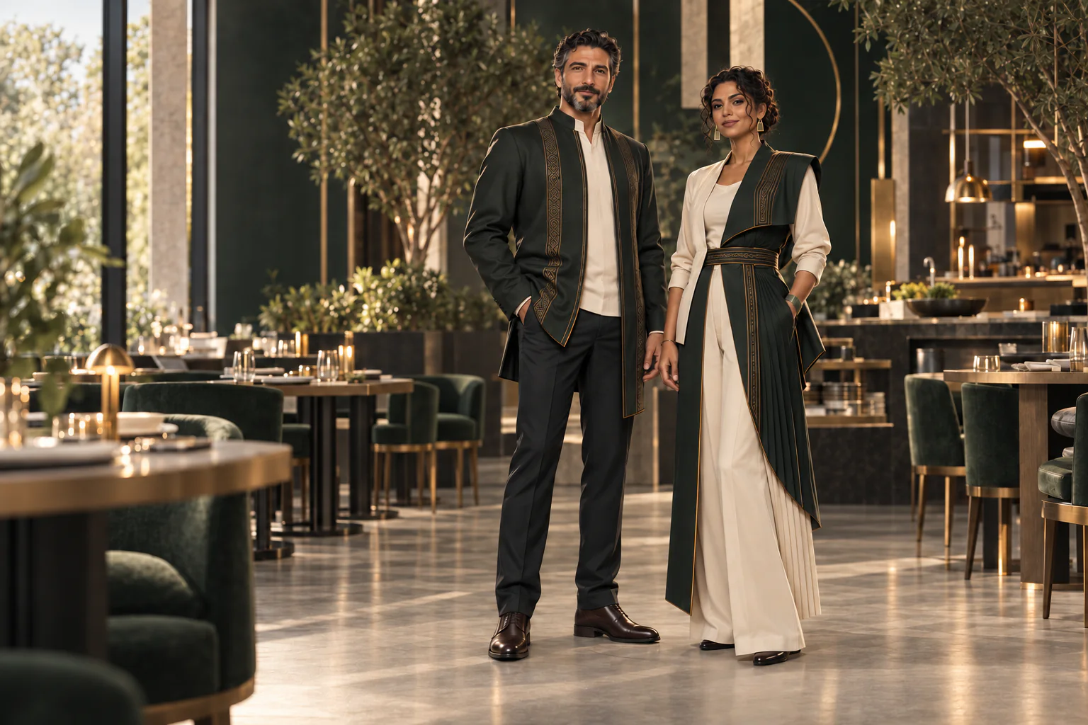 Dario, the Odarius Steward, and Sepsut, the Odarius Strategist, standing together in a calm restaurant setting