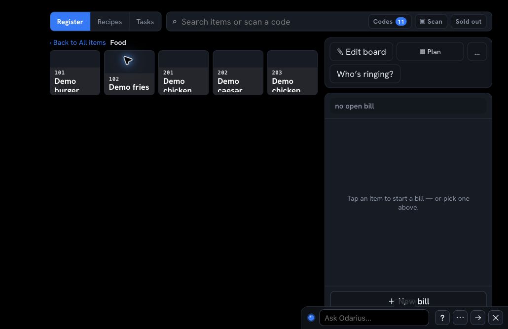 Odarius register with demo menu items and bill controls