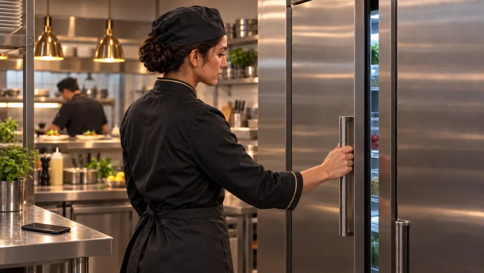 A chef checking an open refrigerator during kitchen operations