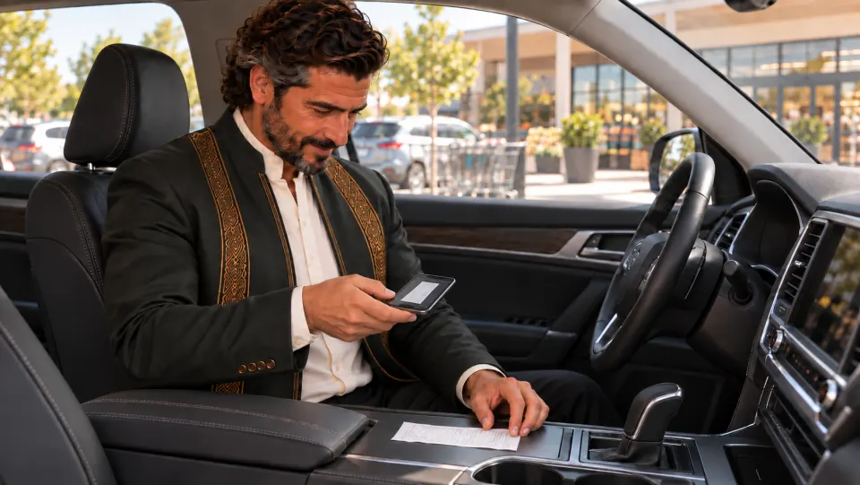 Dario using a phone to capture a purchase receipt while seated in a car