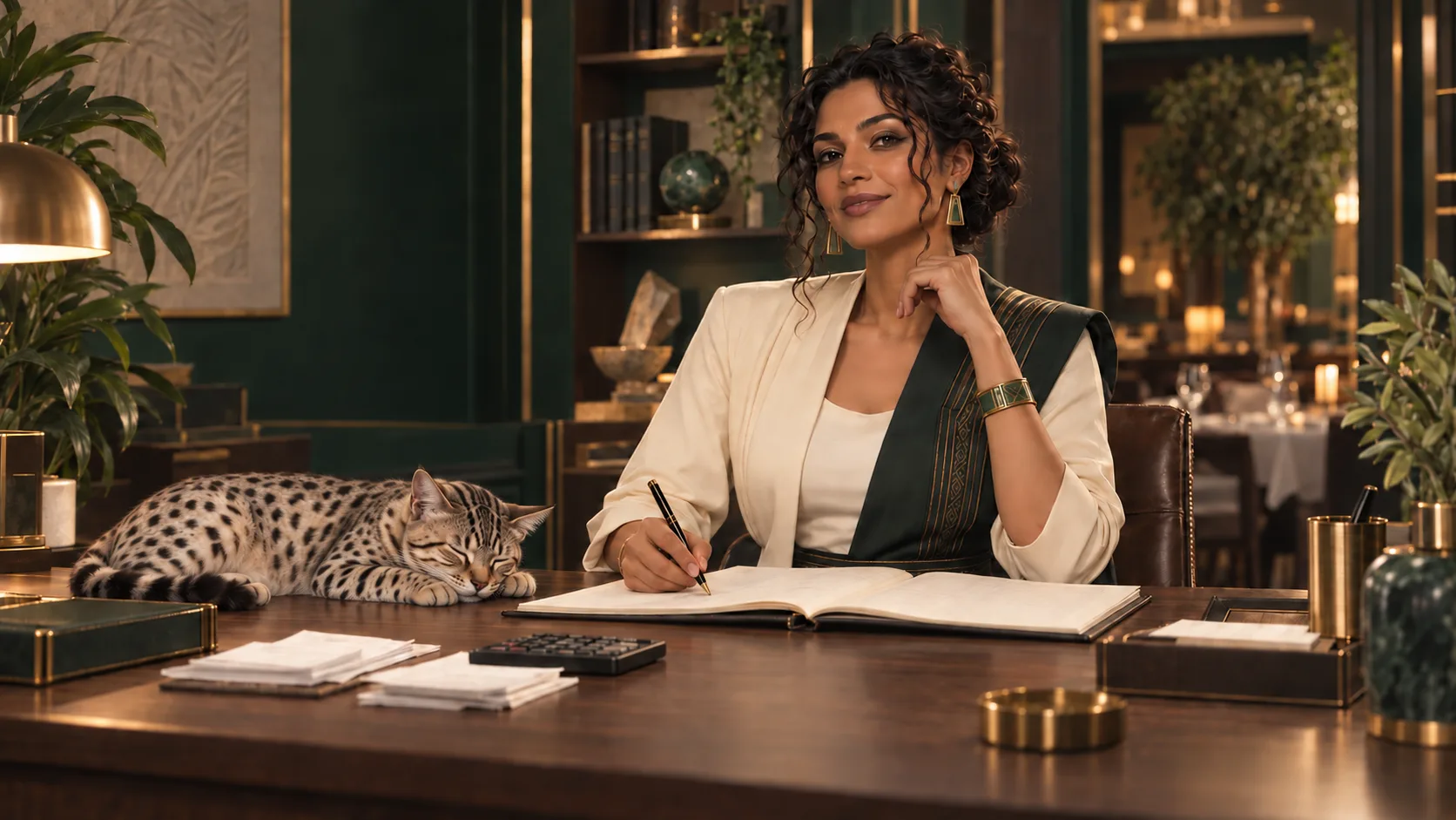 Sepsut, the Odarius Strategist, calmly reviewing business figures while her cat sleeps nearby