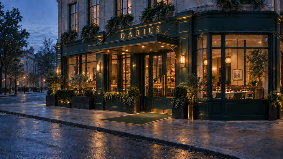 The Darius restaurant exterior at dawn before opening.