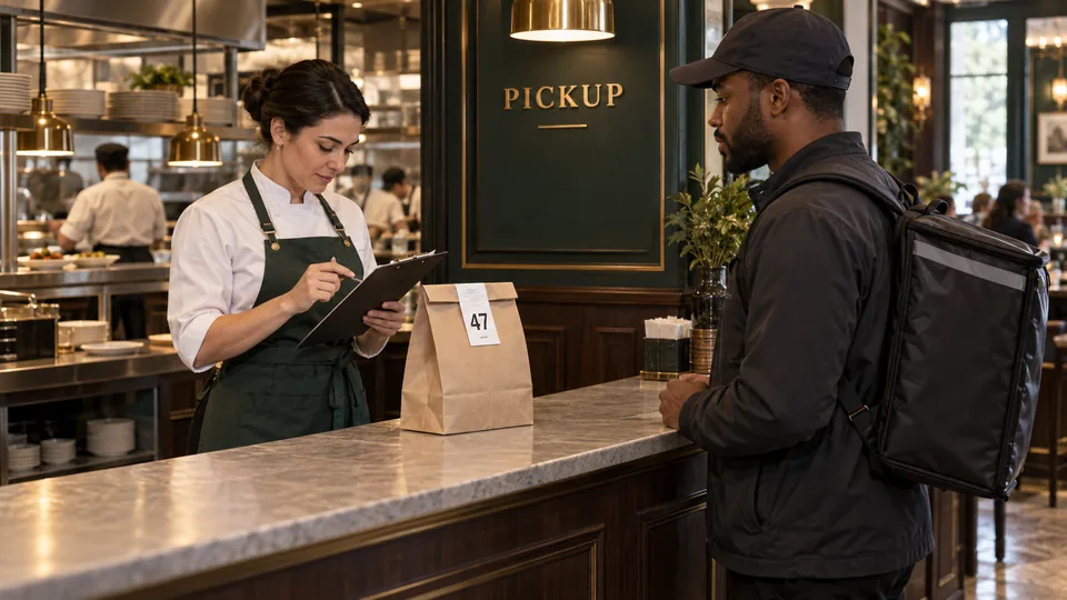 An expeditor handing a sealed delivery order to a driver.